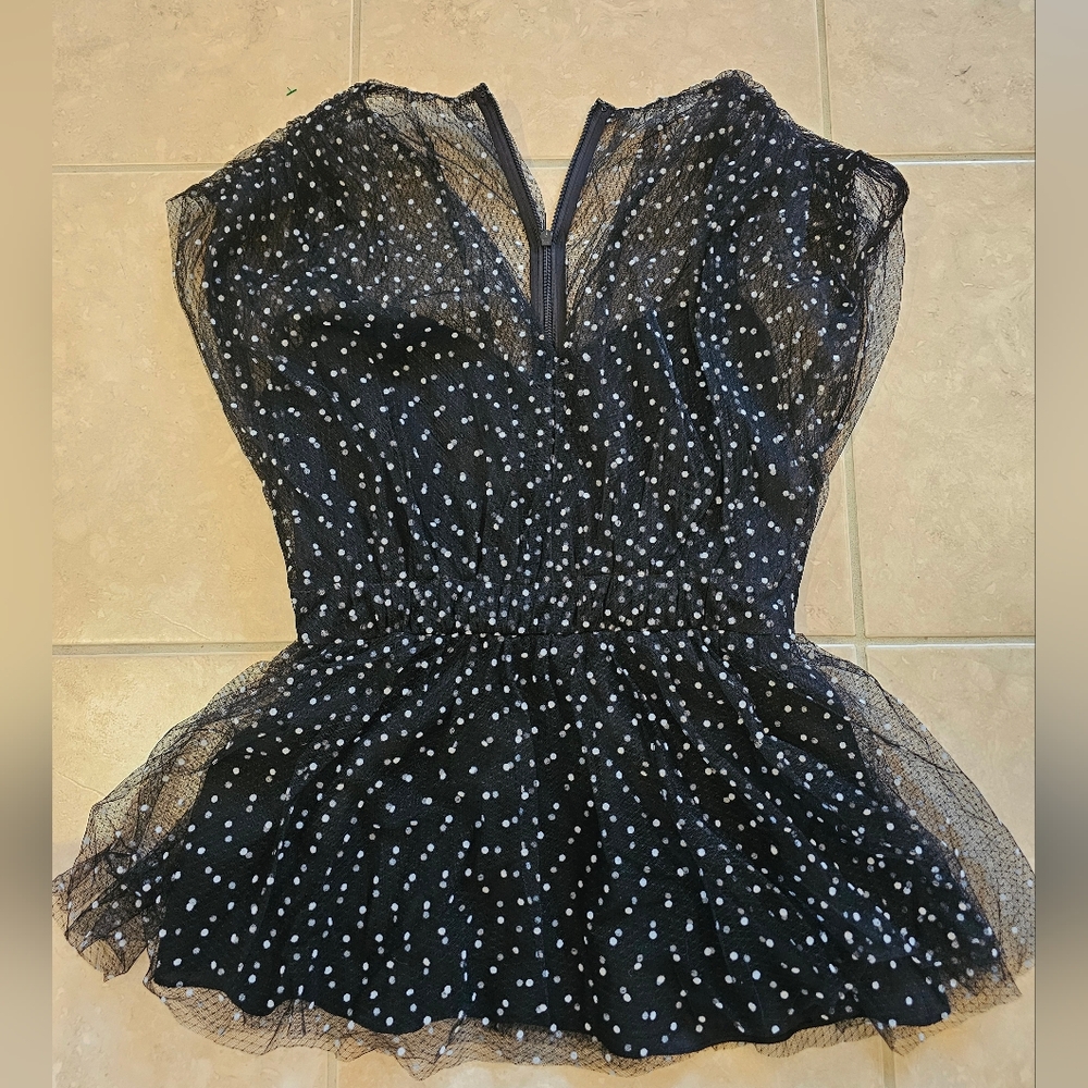 Lela Rose Black Sheer Top with White Dots